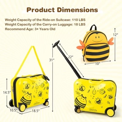 Costway 2PC Kids Ride-on Luggage Set 18'' Carry-on Suitcase & 12'' Backpack Anti-Loss Rope Yellow 2 Costway 2PC Kids Ride-on Luggage Set 18'' Carry-on Suitcase & 12'' Backpack Anti-Loss Rope Yellow - Image 2
