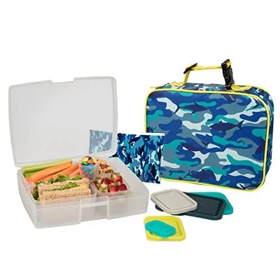 Bentology Lunch Bag And Box Set For Kids - Boys Insulated Lunchbox Tote, Bento Box, 5 Containers And Ice Pack - 9 Pieces - Shark Camo 1 Bentology Lunch Bag And Box Set For Kids - Boys Insulated Lunchbox Tote, Bento Box, 5 Containers And Ice Pack - 9 Pieces - Shark Camo