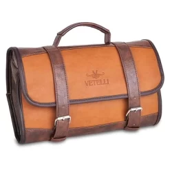 Vetelli Foldable Hanging Leather Travel Toiletry Bag With 2 Zippered Internal Pockets, 2 Snap-Fastened Internal Pockets, And Hanging Hook (2 Pack)
